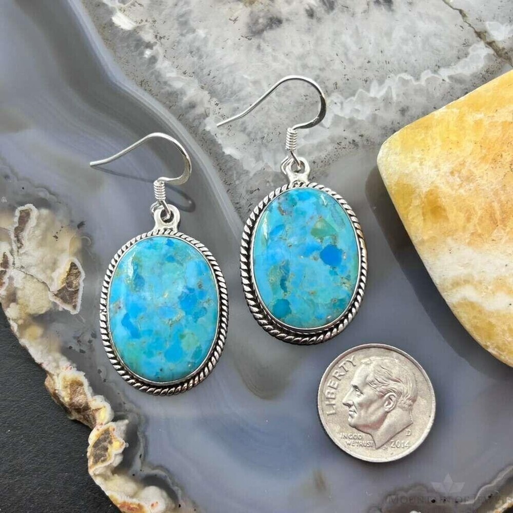 Sterling Southwestern Style Oval Mojave Turquoise Dangle Earrings For Women - Picture 8 of 10